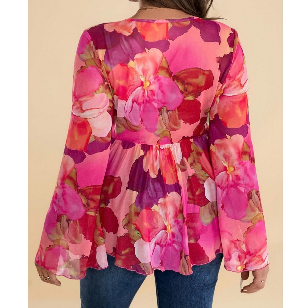 Plus Floral Print V neck Front Tie Flared Long sleeve Top - Picture 5 of 6